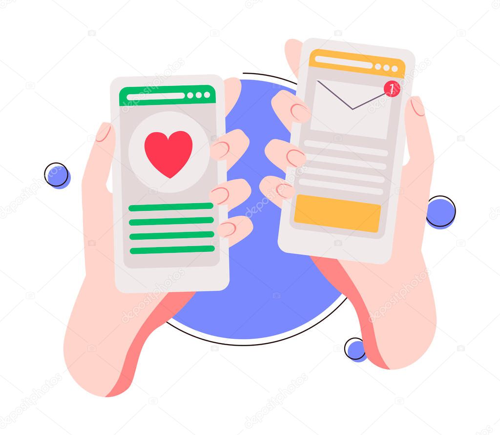 Two hands holding phone with message, icons and emoji. Communication concept on white background. Social networking