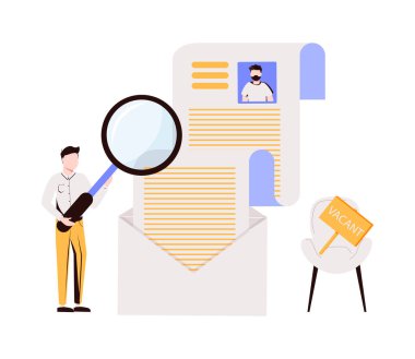 Bir adam büyüteç altında özgeçmişini inceliyor. Boş bir yer. İşçi bulma ve boş yer bulma kavramı. İzole edilmiş. vektör.