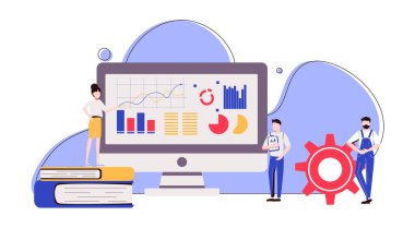 Piyasa istatistik analizi, pazarlama stratejisi geliştirme. İş araştırması. İş ihtiyaçlarını belirlemek, çözümleri belirlemek, bilişim sorunları kavramı. Vektör izole kavram yaratıcı illüstrasyon