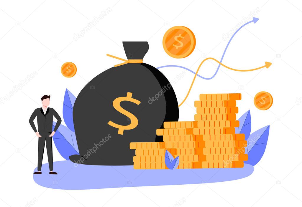 Income growth and profit earnings as financial progress tiny person concept. Symbolic upward arrow as salary, deposit or account money rise and wealth gain vector illustration. Successful businessman.