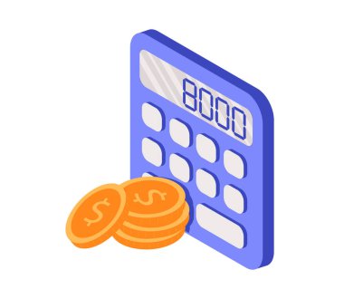 Hesap makinesi izometrik düz simge. Mavi arkaplanda izole edilmiş 3d vektör renkli çizim. İş bankacılığı