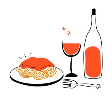 Makarna ve şarap menüsü. İtalyan yemeği. Biber masası manzaralı spagetti. Geometrik trend vektör elementleri. Arka planda canavar izinli gül şarabı ve şişe. - Vektör