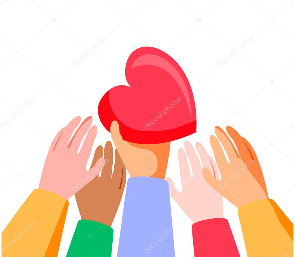 Heart holding by diverse hands. Vector illustration concept for sharing love, helping others, charity supported by global community
