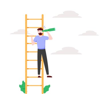 İş adamı lideri teleskopla merdivenleri tırmanıp etrafa bakar. Beyaz arka planda izole edilmiş düz çizgi film tarzı.