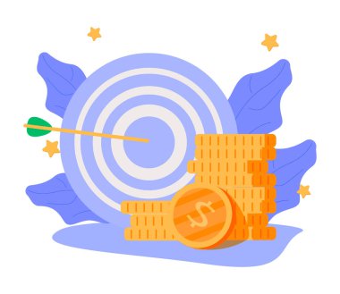 Hedef ok ve altın sikke yığını. Gol ayarı. Güzel gol. İş hedefi konsepti. Başarı ve başarı