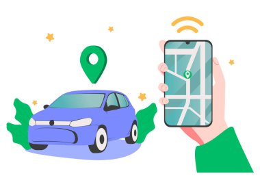 Akıllı telefon uygulaması ile kontrol edilen otonom kablosuz park uzaktan kumandalı araba paylaşım servisinin vektör çizimi. Modern şehir siluetinde akıllı elektrikli arabanın yerini gösteren telefonları tutan eller..
