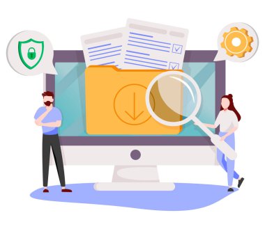 Organize arşiv. Veri tabanında dosyalar aranıyor. Kayıt yönetimi, kayıtlar ve bilgi yönetimi, belge izleme sistemi konsepti. Pembe mercan mavi vektörü izole edilmiş çizim