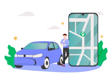 Akıllı telefon uygulaması ile kontrol edilen otonom çevrimiçi araba paylaşım servisinin vektör illüstrasyonu. Yer işaretli telefon ve modern şehir silueti olan akıllı araba. İzole edilmiş bağlı araç uzaktan otoparkı.