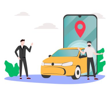 Adam taksi şoförü vektör illüstrasyon konseptini bekliyor, çizgi film karakteri ve akıllı telefonla online araba paylaşımı. İniş sayfası, şablon, ui, web, mobil uygulama, poster, afiş veya el ilanı için kullanılabilir.