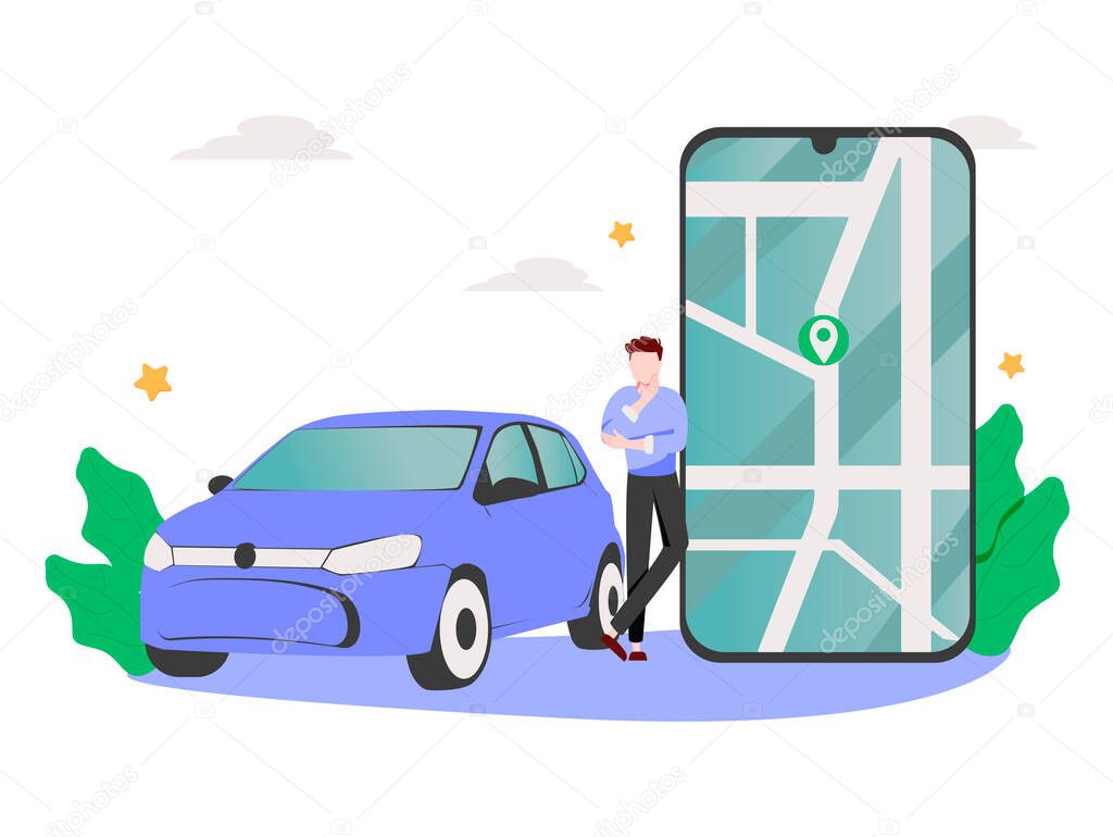 Vector illustration of autonomous online car sharing service controlled via smartphone app. Phone with location mark and smart car with modern city skyline. Isolated connected vehicle remote parking.