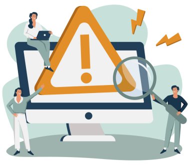 Web sayfasında izole edilmiş düz vektör illüstrasyonunda işletim sistemi hata uyarısını inceleyen küçük insanlar. Çizgi film hatası ve web sitesinde alarm. Bilgisayar teşhisi ve dijital teknoloji kavramı
