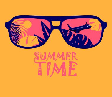 Summer time fun concept design. Creative background of landscape, panorama of sea and beach on sunglasses. Summer sale, post template
