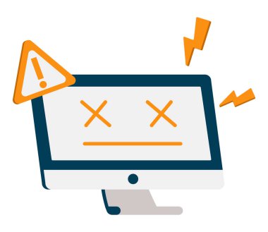 Computer crashed. Breakdown Funny cartoon computer character with with eyes closed and tongue hanging out. Sick and medication Needs help. Vector illustration for blog, website, booklet, banner