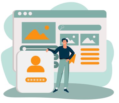 Web sitesine bilgi ekleyen bir adam. Dijital içerik oluşturma ve yönetimi kavramı, İnternet yayını, çevrimiçi veri yayınlama. Pankart için modern düz renkli vektör illüstrasyonu, poster.