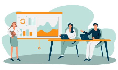 Seyirci karşısında koç konuşuyor. Çizelge ve raporları sunan danışman, iş eğitiminde, seminerde ya da konferansta çalışan toplantısı. Sunum, ders, eğitim konsepti için vektör illüstrasyonu