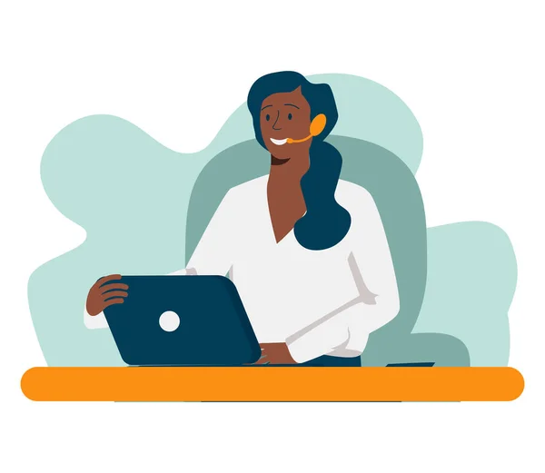 Zwarte vrouw met een headset werkt aan de computer in het callcenter. Afrikaanse vrouwelijke werkt in de ondersteunende afdeling — Stockvector
