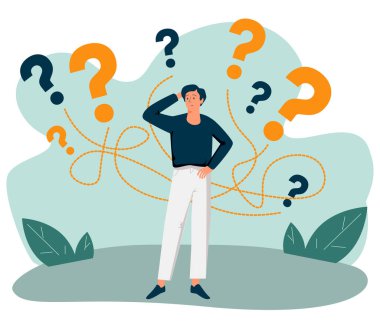 Düşünceli bir adam ayakta duruyor ve düz vektör illüstrasyonunu izole ederek iş kararı veriyor. Çizgi film işadamı işi seçiyor