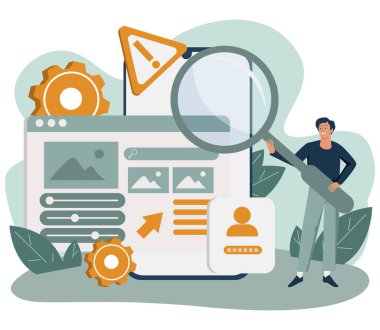 Adam ekranda web sitesiyle akıllı telefonun önünde duruyor. UI veya UX tasarımı kavramı, kullanıcı deneyimi, dokunmatik ekran