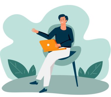 Genç İşadamı, Programcı, Yaratıcı Dış Kaynaklı Koltukta oturan Çalışan Laptop 'ta çalışıyor. Freelancer, Akıllı Cihaz kullanarak Ev ya da Birlikte Çalışan Yer 'de Uzaktan Çalışıyor. Düz Vektör İllüstrasyonu