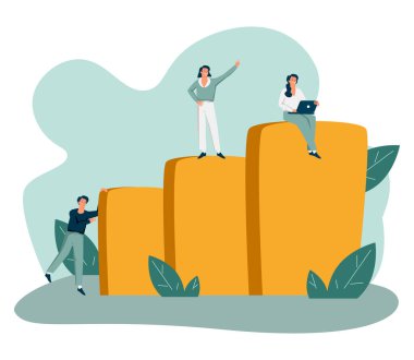 Çalışanlar el ele tutuşuyor ve meslektaşlarının üst kata çıkmasına yardım ediyorlar. Ekip destek veriyor, birlikte büyüyorlar. Takım çalışması, akıl hocalığı, işbirliği konsepti için vektör illüstrasyonu