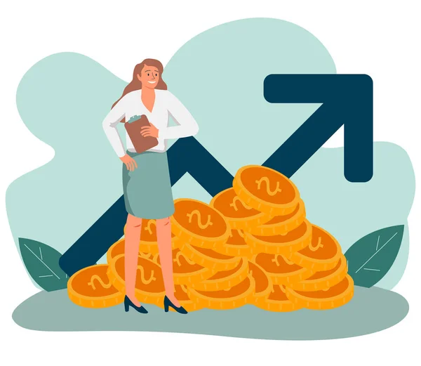 Succès femme d'affaires debout près de tas de son argent. Service boursier. Conseiller financier. Vecteur moderne — Image vectorielle