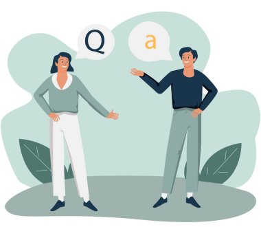 Sorular ve cevaplar ya da sorular belirsiz bilgileri açıklığa kavuşturur küçük insan kavramını. Diyalog metin balonu vektör illüstrasyonuyla sohbet sahnesi. Sorunu çözmek için cevap ver, destek ver, tavsiye ver veya yorum yap.