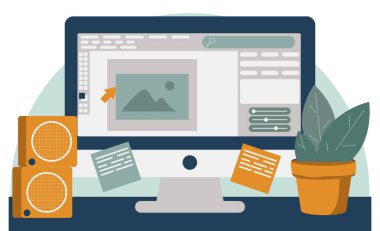 Bilgisayar ve grafik animasyon görüntüleyicisi video oyunu, modelleme hareketi, video dosyası, profesyonel düzenleyici kullanarak işliyor. Grafik tasarımı, sanat, tasarımcı iş yeri konsepti için vektör illüstrasyonu