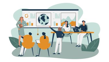 Ekolojik basın konferansı üyesi, seyircilerden önce sahnede konuşuyor, grafikleri dünyayla sunuyor. Küresel toplantı için vektör illüstrasyonu, bilimsel forum, kitle iletişim araçları kavramı