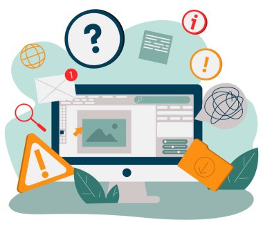 Çizgi film bilgisayar monitörü ve birçok internet bildirimi vektör düz çizim. Ezilmiş mektupları, aramaları, mesajları ve e-postaları olan modern bir cihaz izole edildi. Önemli görev görevi olan masaüstü