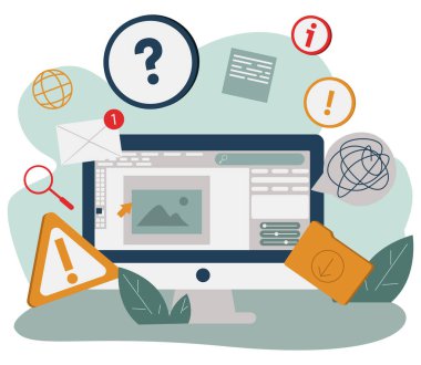 Çizgi film bilgisayar monitörü ve birçok internet bildirimi vektör düz çizim. Ezilmiş mektupları, aramaları, mesajları ve e-postaları olan modern bir cihaz izole edildi. Önemli görev görevi olan masaüstü