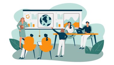 Ekolojik basın konferansı üyesi, seyircilerden önce sahnede konuşuyor, grafikleri dünyayla sunuyor. Küresel toplantı için vektör illüstrasyonu, bilimsel forum, kitle iletişim araçları kavramı