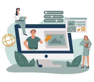 Kişisel marka üzerinde çalışan pazarlama ekibi, şirket kimliği, reklam profili ya da kadın profesyonel internet sitesi yaratıyor. Web varlığı için düz vektör illüstrasyonu, çevrimiçi kimlik kavramı