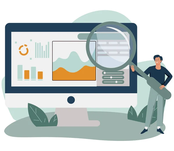 Analyst with loupe looking at diagram or trend on computer screen. Concept of web analytics, statistical analysis of — Stock Vector