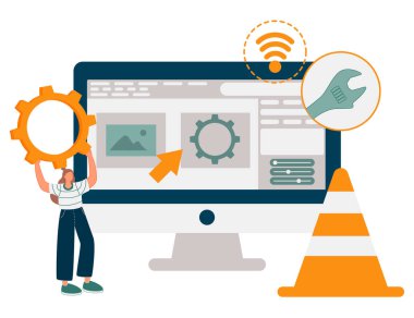 Web design, programming and coding idea. Remote job, freelancer cartoon character. Website maintenance, microsite development, freelance-work metaphors. Vector isolated concept metaphor illustrations. clipart svg vector 