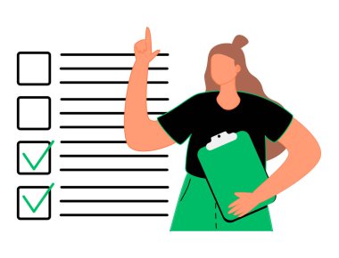 Yapılacaklar listesi, belirlenmiş görevleri yerine getirmek, bir anket doldurmak. Sevimli çizgi filmci kadın belgeyi işaretliyor. Beyaz arkaplanda ince çizgi vektör çizimi.