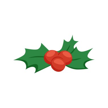 Yapraklı ve kırmızı dutlu Holly Dalı. Geleneksel Noel yaprağı sembolü. Doğal Xmas şenlik süsü, kış tatili süsü. Düz vektör çizimi beyaz arkaplanda izole edildi