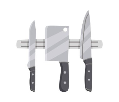 Mutfak bıçağı, helikopter, manyetiksel şeritte asılı satır, tutucu. Mutfak aletleri, metal bıçaklı keskin aletler, duvarda bıçaklar. Çelik çatal bıçak takımı. Düz vektör çizimi beyaz arkaplanda izole edildi