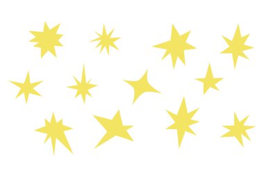 Yıldızlar, renkli çizimler, boya kalemi ve kalem desenli çizimler. El çizimi tebeşir karalaması, parıltı şekilleri, elementler, sert çocuk tarzı. Düz vektör çizimi beyaz arkaplanda izole edildi