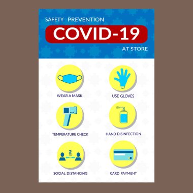 Coronavirus, covid-19, mağazadaki önleme bilgi grafikleri posteri.