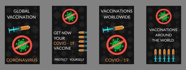 Set of coronavirus vaccination flyers on dark background. Trendy design featuring the microbe Covid 19 — Stock Vector