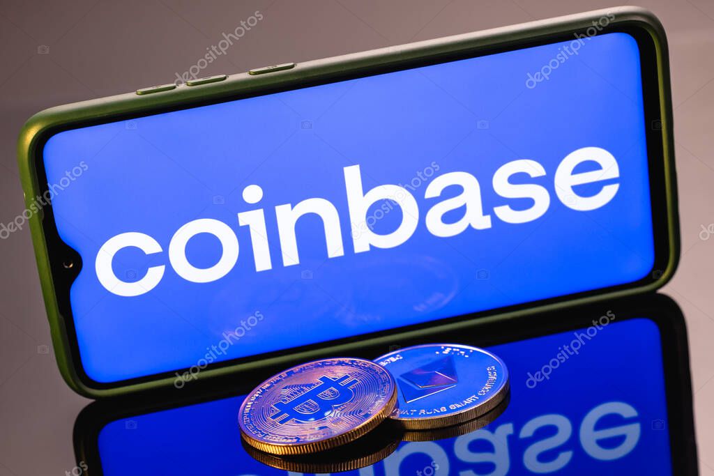 Kazan, Russia - May 16, 2021: Coinbase, is an American company that operates a cryptocurrency exchange platform. Ethereum coin and Bitcoin on the background of the coinbase inscription.