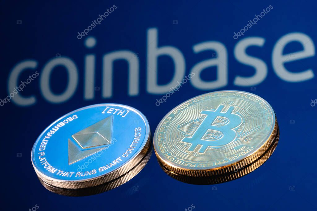 Kazan, Russia - May 16, 2021: Coinbase, is an American company that operates a cryptocurrency exchange platform. Ethereum coin and Bitcoin on the background of the coinbase inscription.