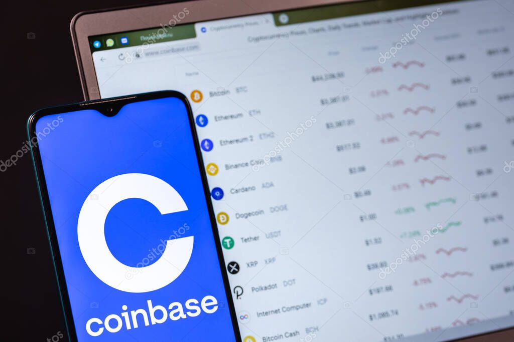 Kazan, Russia - May 17, 2021: Coinbase, is an American company that operates a cryptocurrency exchange platform. Coinbase website on laptop screen.
