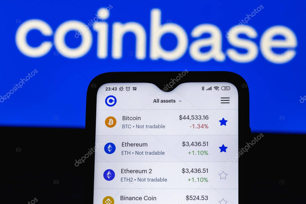 Kazan, Russia - May 17, 2021: Coinbase, is an American company that operates a cryptocurrency exchange platform. Coinbase app on smartphone screen.