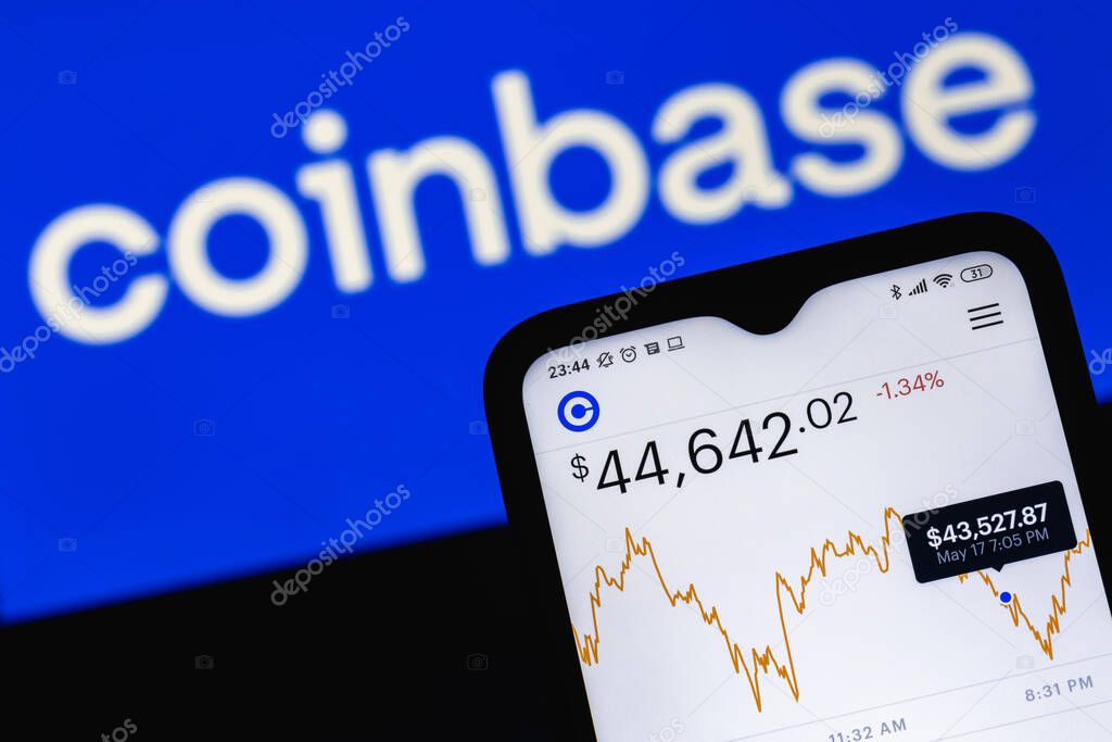 Kazan, Russia - May 17, 2021: Coinbase, is an American company that operates a cryptocurrency exchange platform. Coinbase app on smartphone screen.