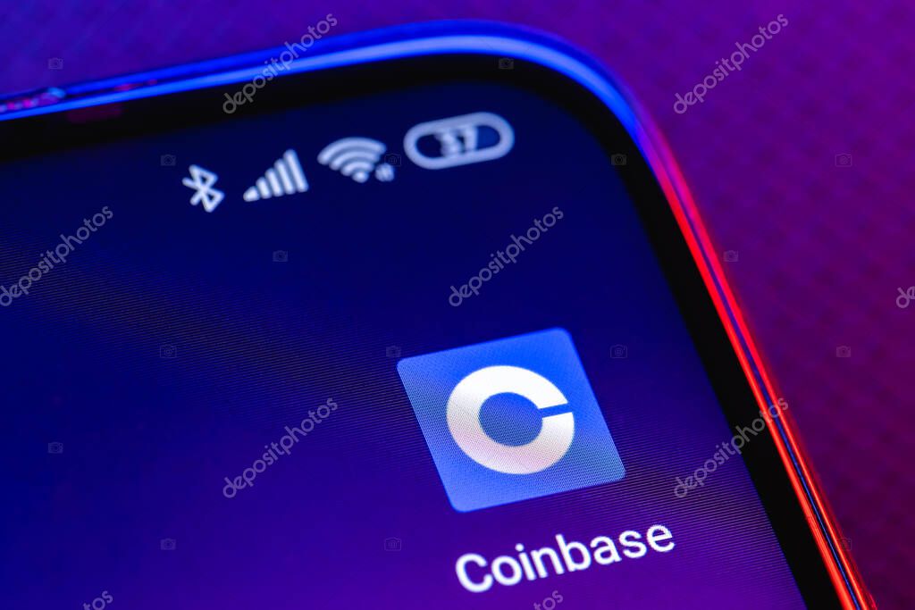 Kazan, Russia - May 18, 2021: Coinbase, is an American company that operates a cryptocurrency exchange platform. Coinbase app on smartphone screen.