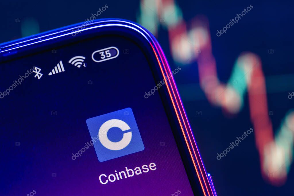Kazan, Russia - May 18, 2021: Coinbase, is an American company that operates a cryptocurrency exchange platform. Coinbase app on smartphone screen.