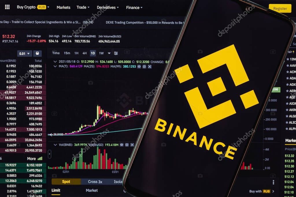 Kazan, Russia - May 18, 2021: Binance is cryptocurrency exchange that provides a platform for trading various cryptocurrencies. Binance logo on the background of the trading terminal binance.com