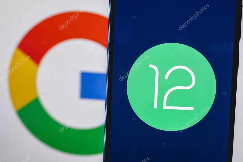Kazan, Russia - May 29, 2021: Android is a mobile operating system. The twelfth version of the Android operating system developed by Google. Android 12 logo on smartphone screen.