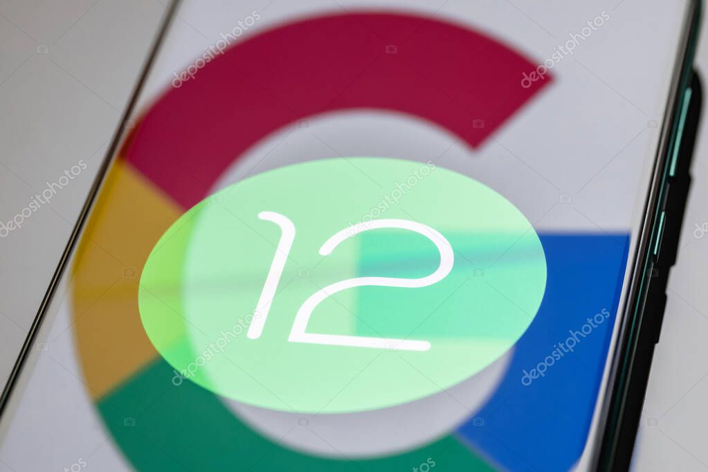 Kazan, Russia - May 29, 2021: Android is a mobile operating system. The twelfth version of the Android operating system developed by Google. Android 12 logo on smartphone screen.